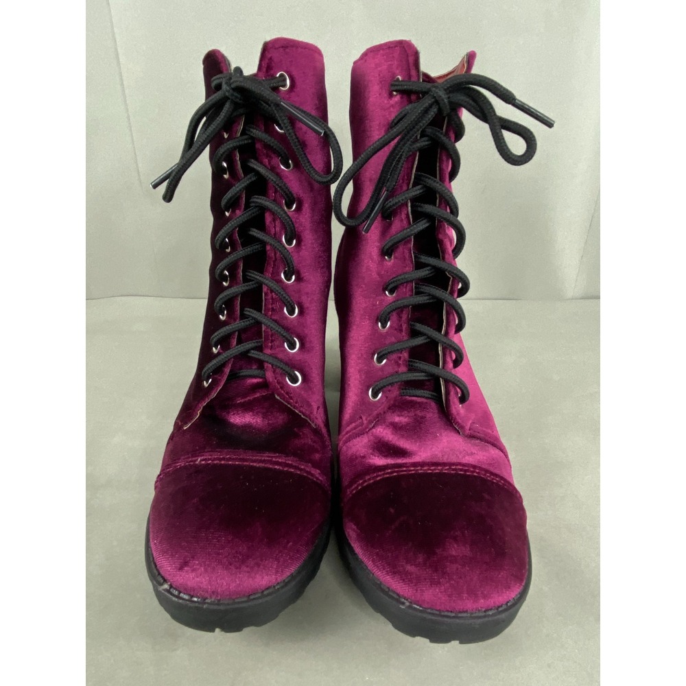 Twisted Womens Velvet Lace Up Chunky Heel Ankle Boots Size 9 Burgundy Berry Goth - Picture 2 of 13